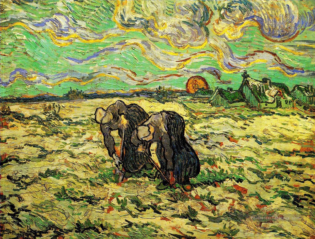 Deux paysannes creusent dans le champ avec la neige Vincent van Gogh Peintures à l'huile